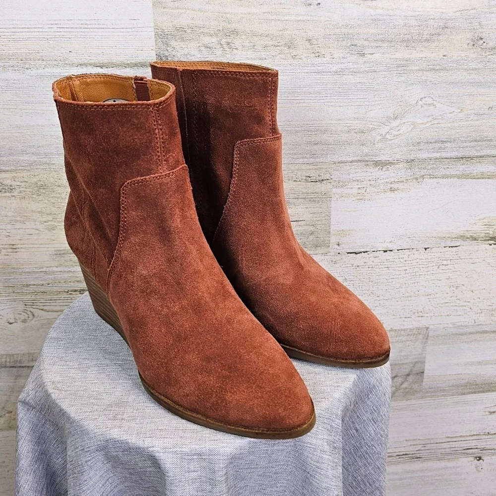 Lucky Brand Wafael Suede Wedge Ankle Boots 8.5 Brown Boho Western Chic Booties